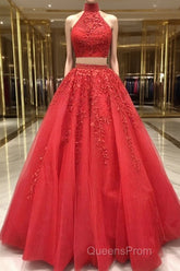 2 Pieces Tulle Lace Evening Prom Dress, Two Pieces Evening Dress