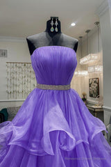 Purple Strapless Organza Long Prom Dress, Princess Quinceanera Dresses