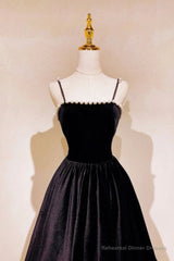 Black Velvet Pearls Long Prom Dresses, Black A-Line Evening Party Dresses