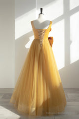Yellow Satin Tulle Long Prom Dress, A-Line Evening Dress with Bow