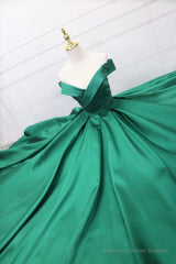 Green Satin Long Prom Dress, Off the Shoulder Evening Party Dress