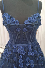 Blue Spaghetti Strap Tulle Appliqu篓娄d Long A-Line Prom Dress