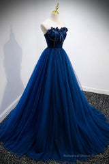 Blue Velvet Tulle Long Prom Dresses, A-Line Strapless Evening Dresses