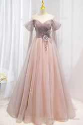 Pink Tulle Beaded Long Prom Dress, Off the Shoulder Evening Dress