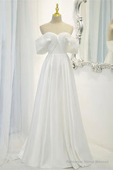 White Satin Long Prom Dress, Off the Shoulder Evening Dress