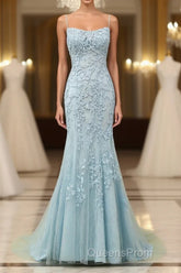 Mermaid Blue Long Evening Prom Dress Backless Evening Dress