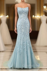 Mermaid Blue Long Evening Prom Dress Backless Evening Dress