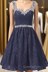 Gorgeous A Line Straps Knee Length Lace With Beading Homecoming Dress