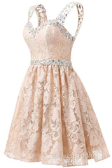 Gorgeous A Line Straps Knee Length Lace With Beading Homecoming Dress