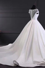 Chic Round Neck Lace Satin Short Sleeves Long Ball Gown Wedding Dress