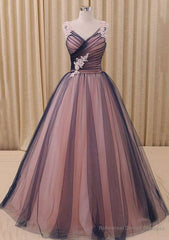 Sleeveless V Neck Long/Floor-Length Ball Gown Tulle Prom Dress With Appliqued