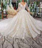 Luxury Lace Wedding Dress Scoop Half Sleeves Appliques Ball Gown