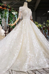 Luxury Lace Wedding Dress Scoop Half Sleeves Appliques Ball Gown