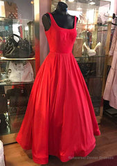 A-line Square Neckline Regular Straps Long/Floor-Length Satin Prom Dress
