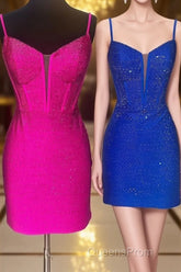 Royal Blue Beaded Sheath Deep V Neck Homecoming Dress