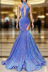 High Neck Sleeveless Illusion Sequined Trumpet Party Evening Prom Evening Dress For Black Women