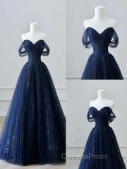 A-Line Off Shoulder Tulle Lace Dark Blue Long Evening Prom Dress, Dark Blue Long Evening Dress