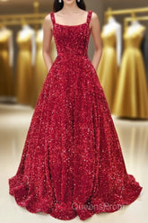 Red Sequin Square Neck Backless A-Line Long Evening Prom Gown