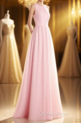 Pink Chiffon Halter Cutout Back A-Line Long Bridesmaid Dress
