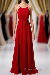 Red Chiffon Spaghetti Straps Backless A-Line Bridesmaid Dress with Slit