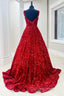 Red Sequin Square Neck Backless A-Line Long Evening Prom Gown
