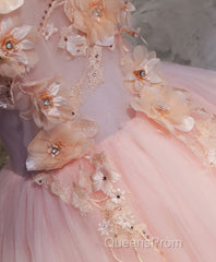 Pink Round Neck Tulle Lace Long Evening Prom Dress, Lace Formal Dress