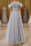 Gray Tulle A Line Off the Shoulder Formal Evening Dress Long Evening Prom Dress