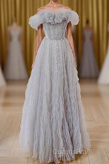Gray Tulle A Line Off the Shoulder Formal Evening Dress Long Evening Prom Dress