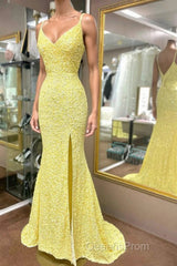 Elegant Yellow Sequins Mermaid Evening Prom Dress