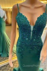 Hunter Green Floral Plunging V Mermaid Long Evening Prom Dress