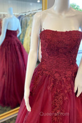 Wine Red Floral Lace Strapless A-Line Evening Prom Dress