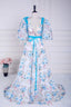 Blue and White Floral Bow Tie Straps A-line Long Evening Prom Dress with Slit