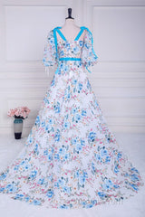 Blue and White Floral Bow Tie Straps A-line Long Evening Prom Dress with Slit