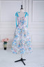 Blue and White Floral Bow Tie Straps A-line Tea-Length Evening Prom Dress