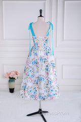 Blue and White Floral Bow Tie Straps A-line Tea-Length Evening Prom Dress