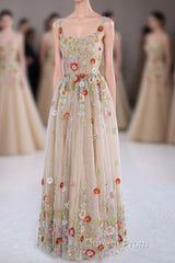 Dusty Pink Sequined Floral Appliques A-line Long Evening Prom Dress