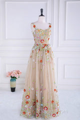 Dusty Pink Sequined Floral Appliques A-line Long Evening Prom Dress