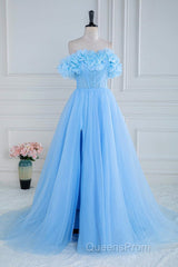 Light Blue Flowers Off-Shoulder A-line Long Evening Prom Dress with Slit