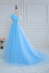Light Blue Flowers Off-Shoulder A-line Long Evening Prom Dress with Slit