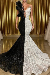 Hot Half Black Half White One shoulder Long Sleeves Mermaid Evening Prom Dress