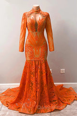 Hot Orange High neck Long Sleeves Mermaid Sequin Evening Prom Dress