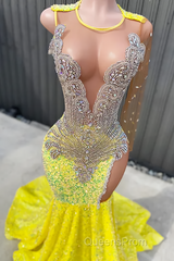 Round neck Silver Beaded Mermaid Yellow Sequin Evening Prom Dress