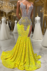 Round neck Silver Beaded Mermaid Yellow Sequin Evening Prom Dress