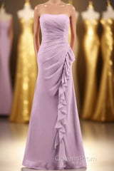 Pink Strapless Ruffled Mermaid Long Bridesmaid Dress