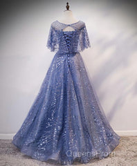 Unique Round Neck Tulle Lace Long Evening Prom Dress, Blue Lace Evening Dress