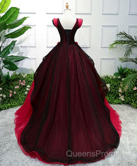 Unique Burgundy V Neck Tulle Long Evening Prom Dress, Burgundy Evening Dress
