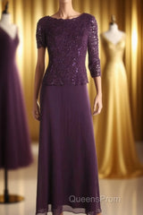 Two-Piece Plum Purple Long Sleeve Long Mother of the Bride Dress