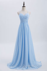 Blue Pleated Straps Chiffon Long Bridesmaid Dress