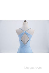 Blue Pleated Straps Chiffon Long Bridesmaid Dress