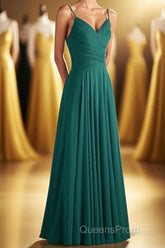 Hunter Green Chiffon V-Neck Spaghetti Straps A-Line Long Dress